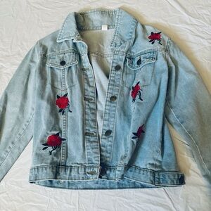Rose printed embroidered denim jacket